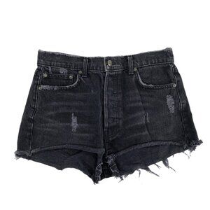 Reformation Black Mid Rise Distressed Jean Shorts | Size 29